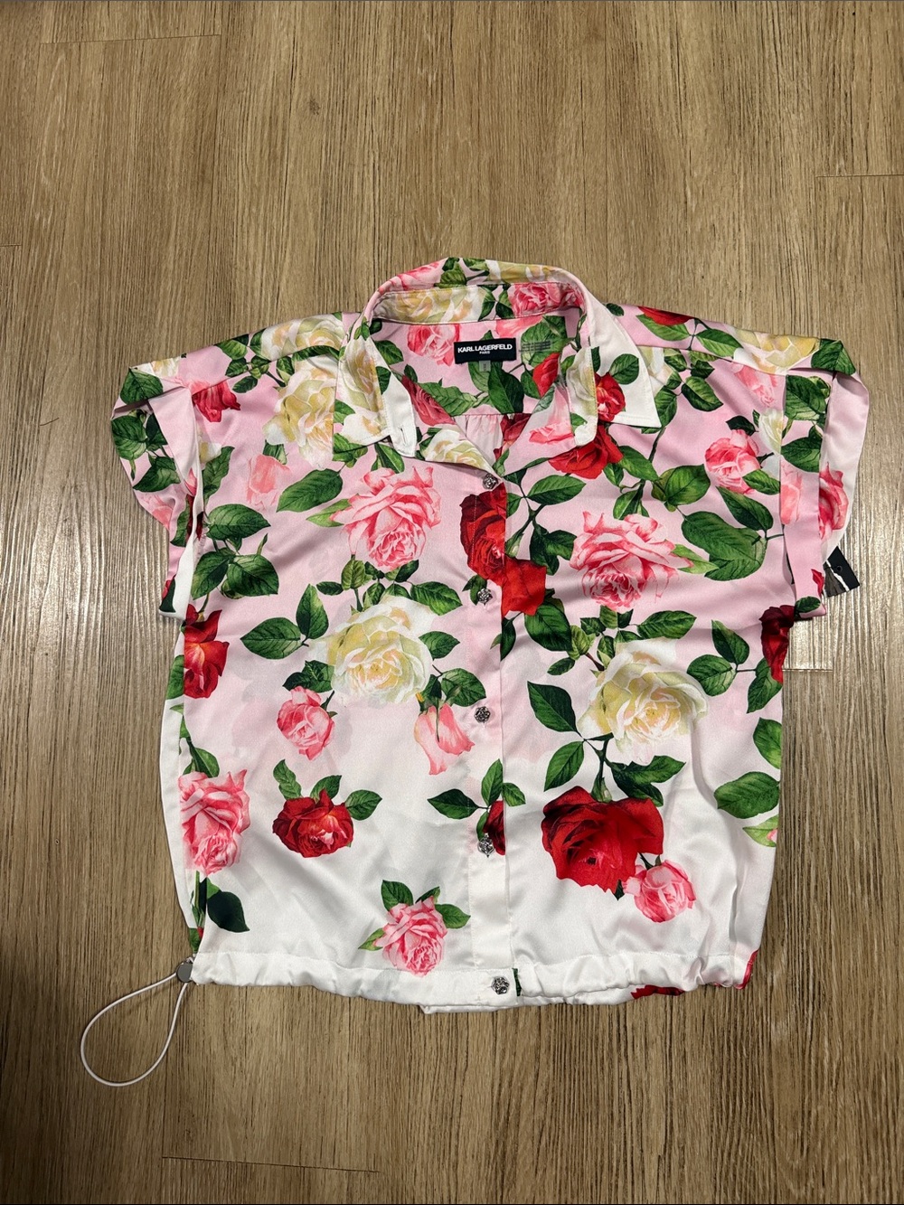 Karl Lagerfeld Floral Short-Sleeve Button Front Top - Pink Rose Print M